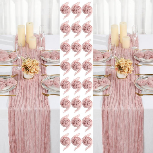 Windkream 2 Cheesecloth Table Runners and 24 Napkins Set, 10Ft Boho Cheese Cloth Table Runners 20 x 20 Inch Rustic Wrinkled Gauze Napkins for Wedding Birthday Baby Shower Party Decor (Dusty Pink)