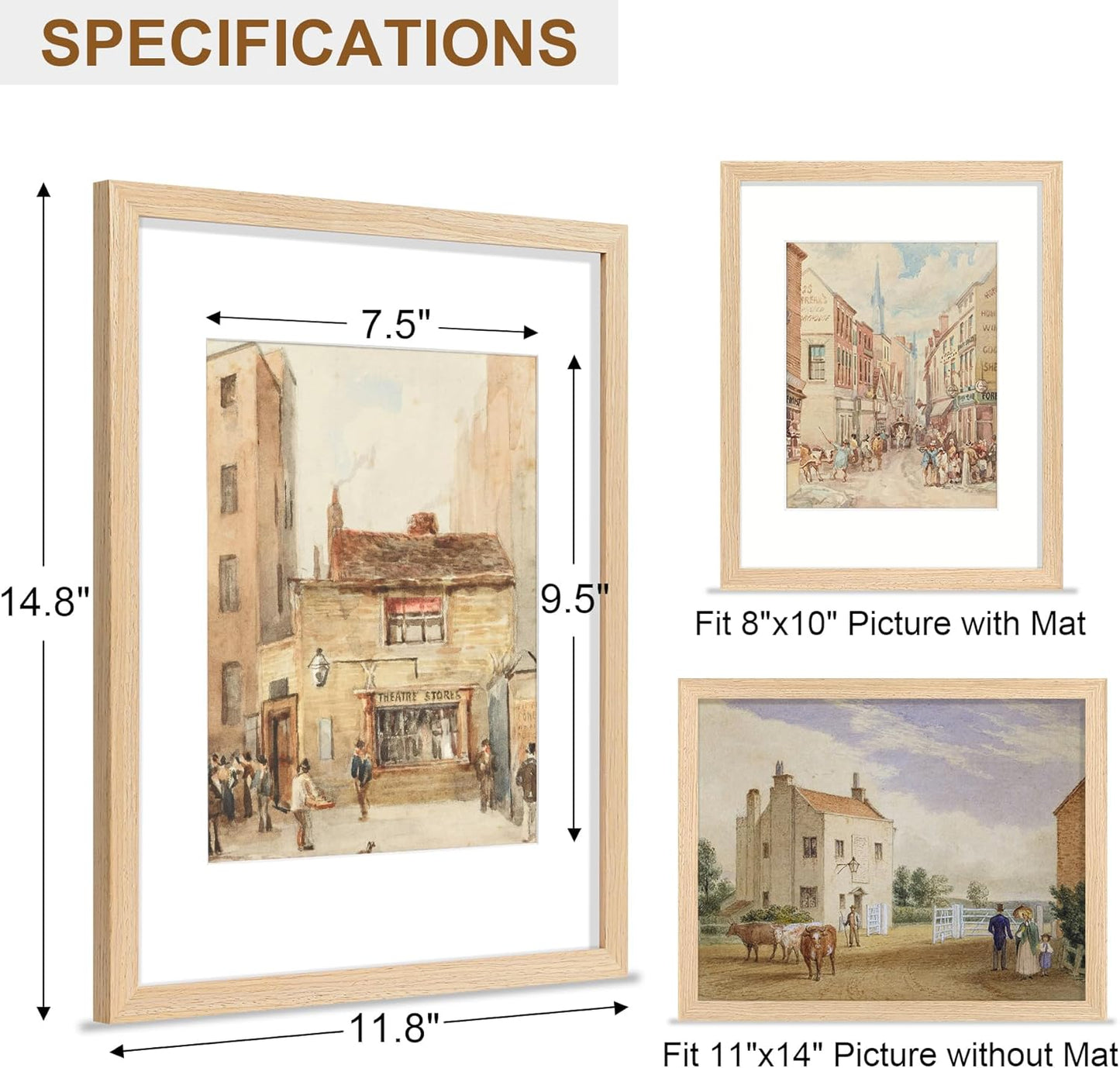 Vittanly 11x14 Picture Frame - Solid Wood with Plexiglass & 8x10 Mat | Natural Wall Hanging Decor