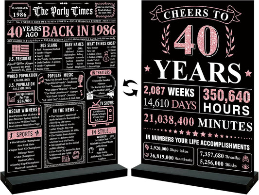 Trgowaul 40th Birthday Decorations - Vintage 1986 Acrylic Table Sign with Stand | Black & Pink Design