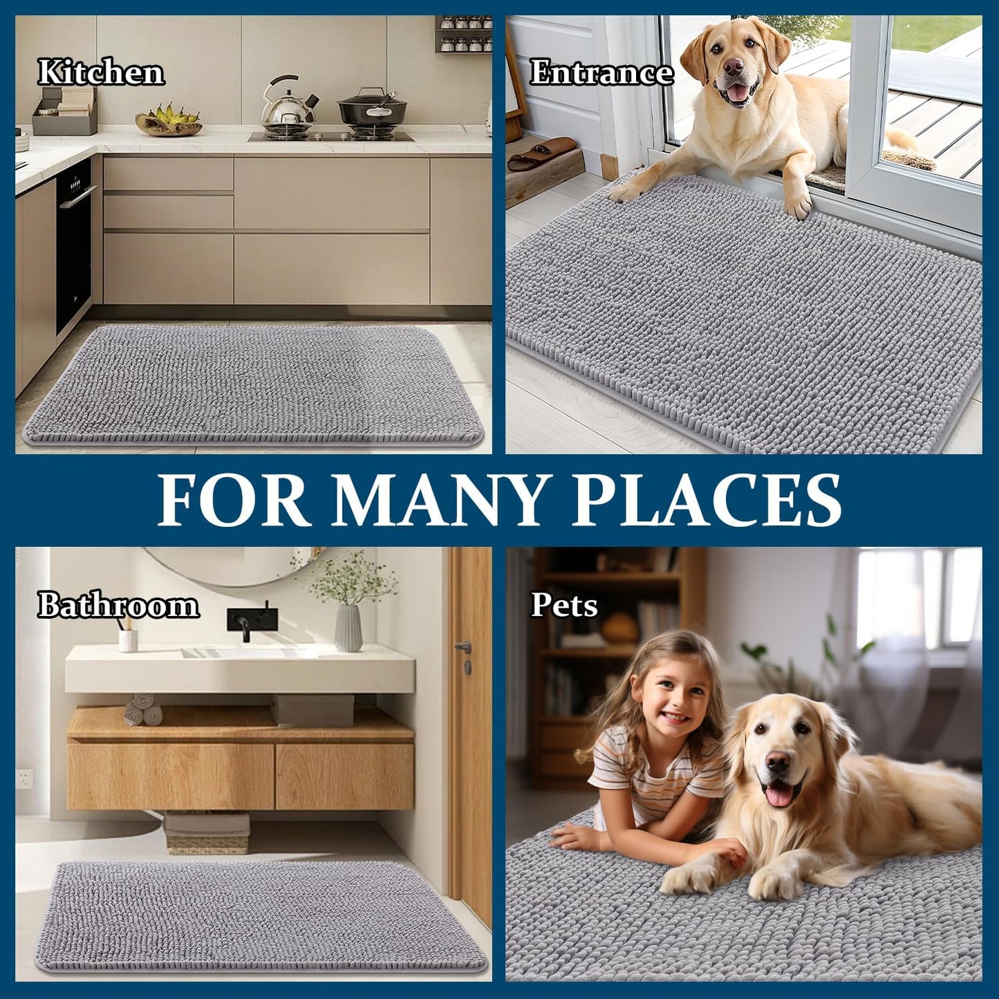 OLANLY Dog Door Mat - Absorbent Non-Slip Chenille Mat for Muddy Paws | 59x35 Light Grey Indoor Carpet