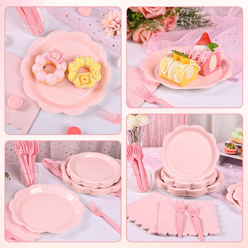 Houuqe 96 Pcs Pink Paper Plates and Napkins Set Party Supplies, Tableware set for 24 Guest include Disposable Pink Scalloped Plates, Napkins and Forks for Baby Shower Bridal Shower Wedding Birthday
