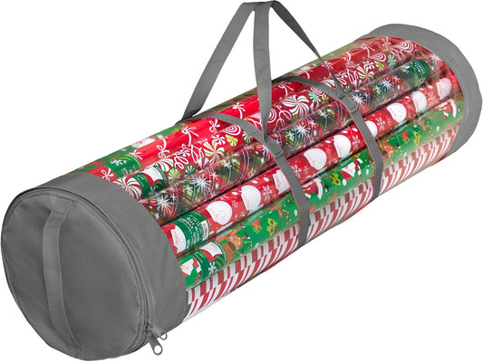 ZOBER Gift Wrap Organizer | 40-Inch Round Storage for 25 Rolls - Durable Clear PVC & 600D Oxford Fabric - Gray