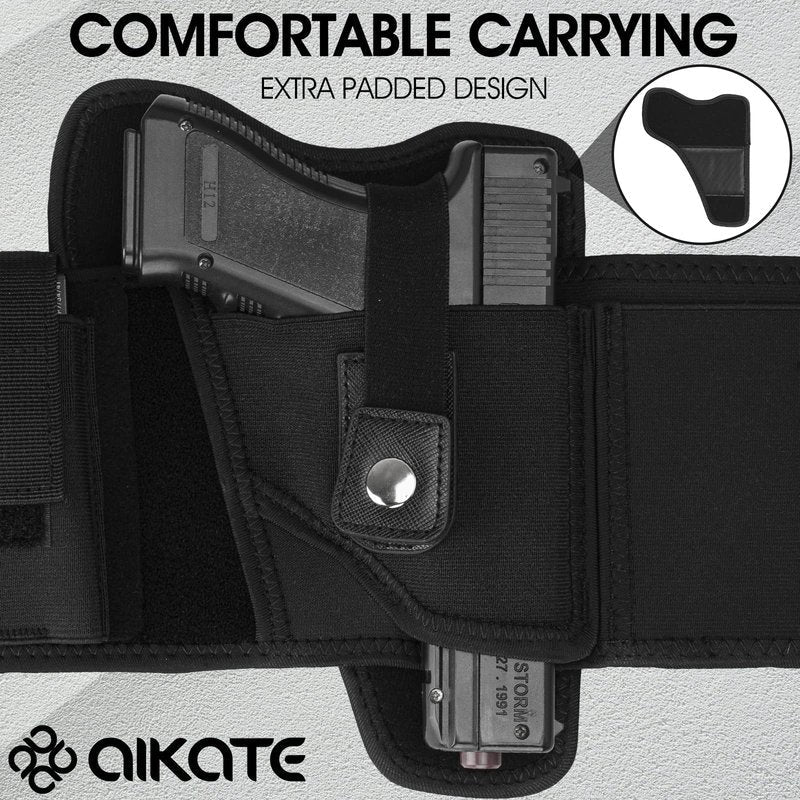 AIKATE Upgraded Belly Band Holster for Concealed Carry, Deep Concealment Gun Holster for Men, Waistband Holsters Fits for Glock 19, 17, M&P Shield 9MM Most Pistols (Fits Belly Up to 45", Right)