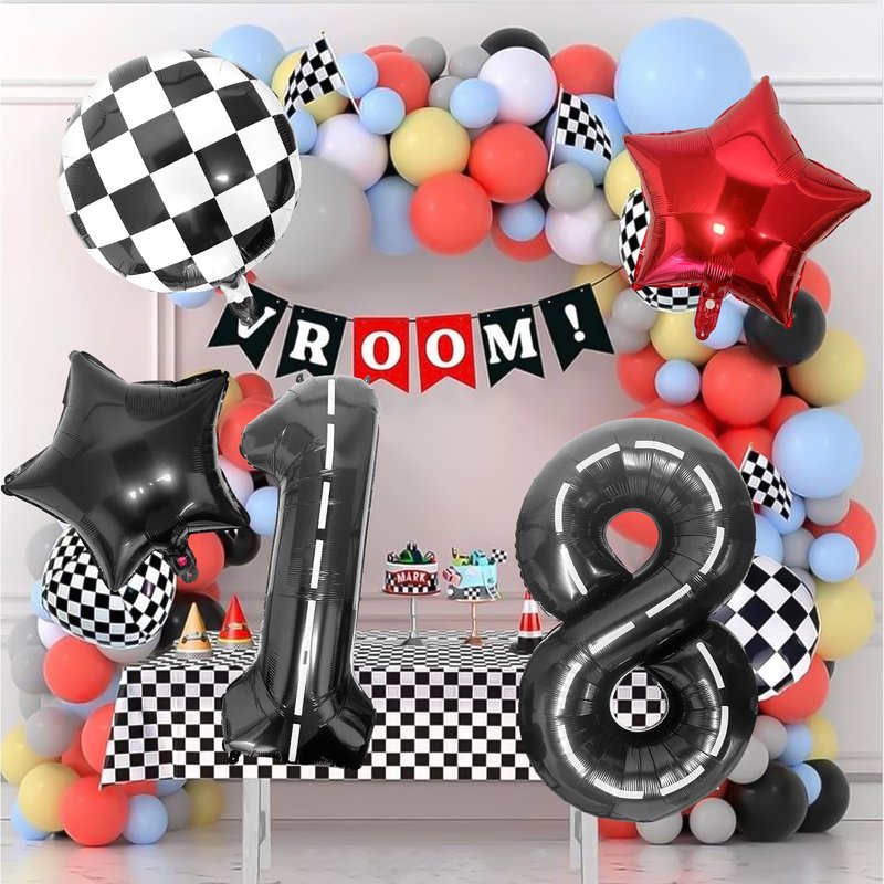 Race Car 8 Balloons 40 Inch Racetrack Number 8 Balloon, Road Balloon Checkered Balloons Star Balloons Large Black Racing Car 8 Balloon for Race Car Truck Tire Theme Boys 8th Birthday Party Supplies