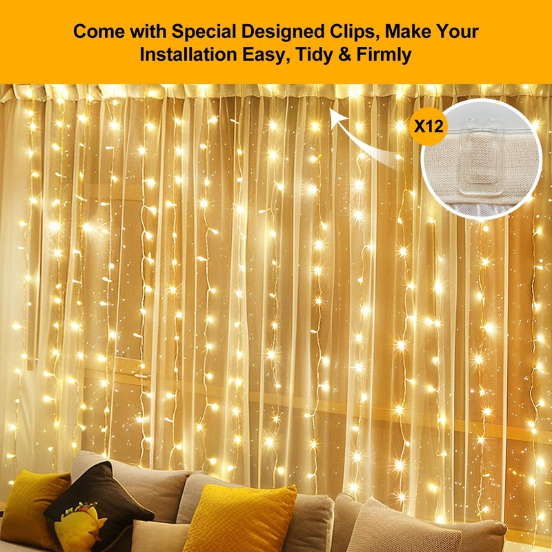 HOLITS 2 Pack 300 LED Fairy Curtain Lights, 9.8 x 9.8FT Warm White USB Plug in 8 Modes String Hanging Lights with Remote for Christmas, Bedroom, Indoor, Outdoor, Weddings, Party (Warm White)