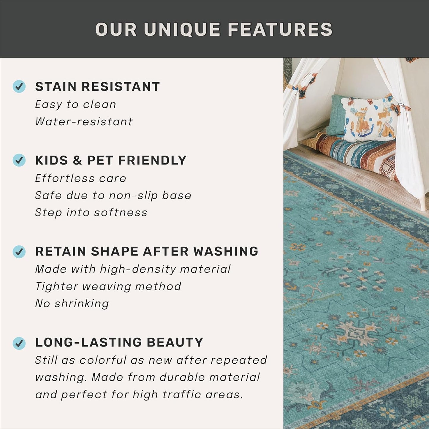 Skiennix 2x4 Washable Teal Throw Rug - Non-Slip Boho Floral Indoor Carpet for Entryway & Bathroom