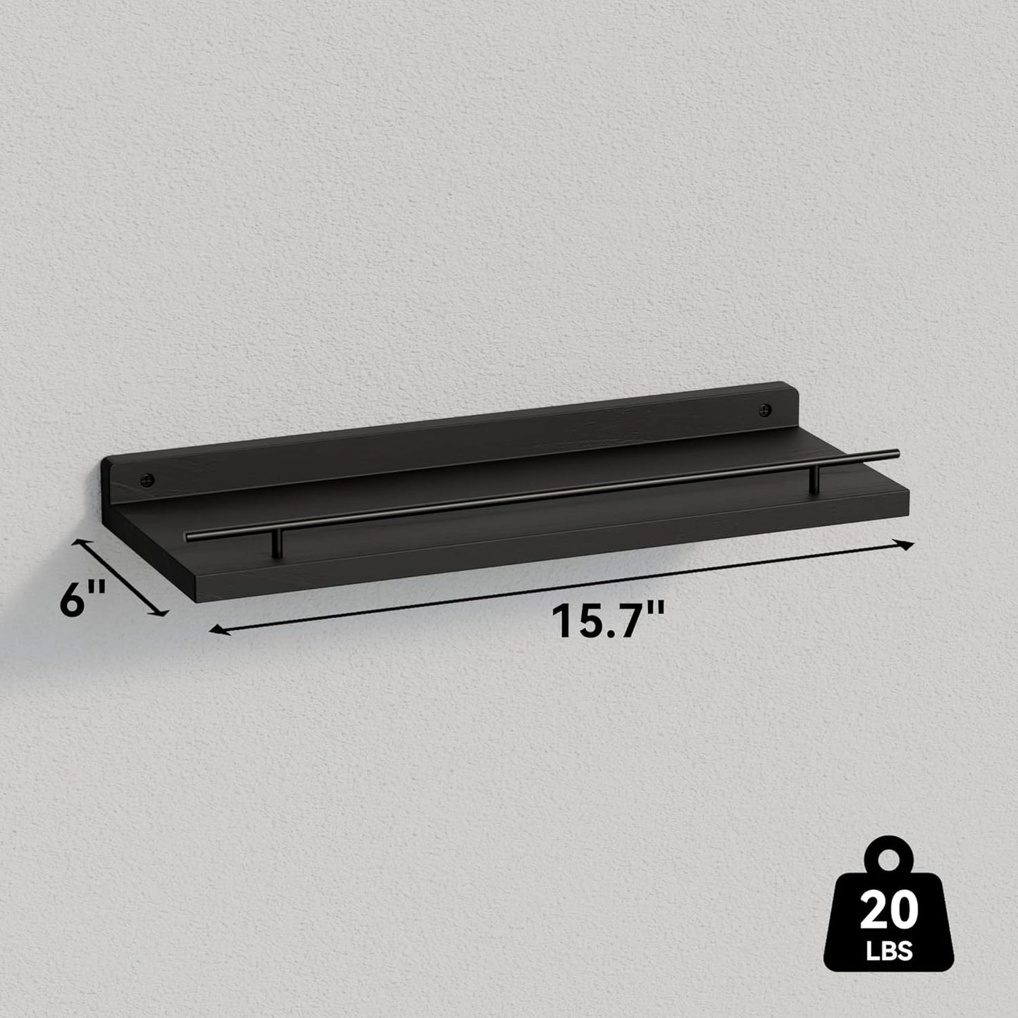 WOPITUES Floating Wall Shelves - Set of 3 with Black Metal Guardrail for Bedroom, Bathroom, Kitchen, Living Room Decor