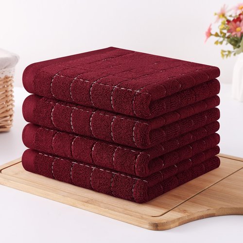 Homaxy 100% Cotton Terry Kitchen Towels(Burgundy Red, 13 x 28 inches), Checkered Designed, Soft and Super Absorbent Dish Towels, 4 Pack