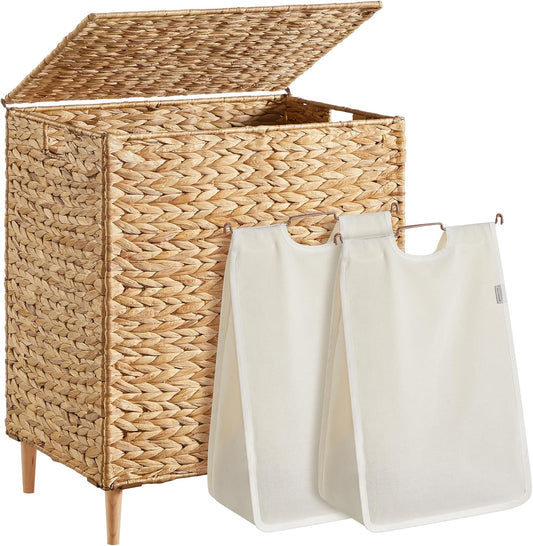 SONGMICS Laundry Hamper - 34.3 Gal Handwoven Water Hyacinth Wicker Basket with Lid & Washable Liners
