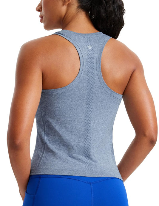 CRZ YOGA Seamless Workout Tank Tops for Women - Athletic Running Gym Sleeveless Shirts Crewneck Racerback Breathable Oasis Blue Heather X-Small