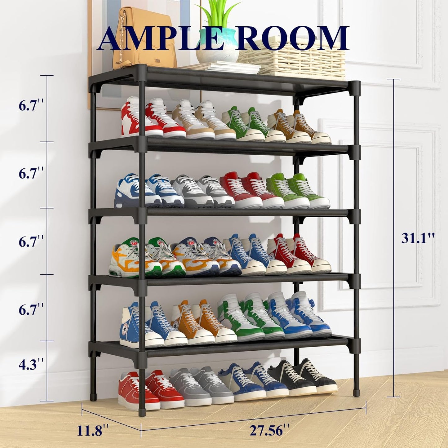 Kitsure Shoe Rack - Stackable Non-Woven Shoe Organizer for Closet & Entryway | 5-Tier, 27.5" Wide, Black (Pack of 2)