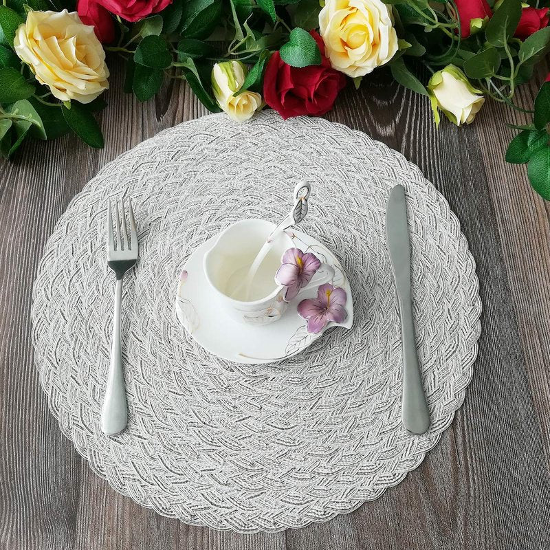 SHACOS Round Braided Placemats 15 inch Set of 6 Boho Thick Washable Kitchen Table Placemats for Home Wedding Party (T-Ivory, 6)