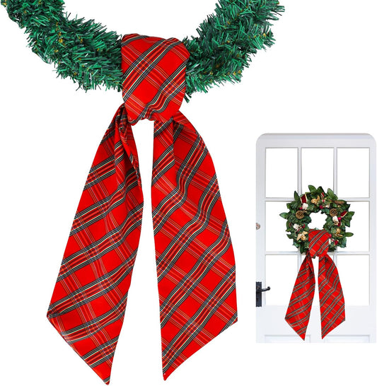 TONIFUL Wreath Sash - Red and Green Check Plaid | 4.5" x 56" Indoor/Outdoor Christmas Decor