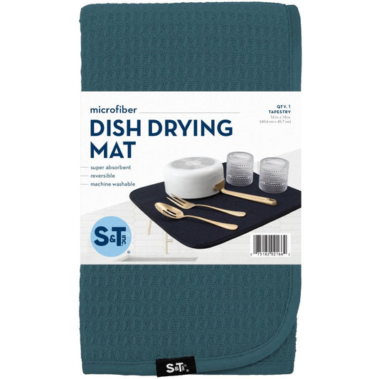 S&T INC. Dish Drying Mat, 16” x 18”, Absorbent Microfiber Kitchen Counter Mat, Dish Drying Pad for Dishes, Utensils, Pots and Pans, Large, Tapestry Blue