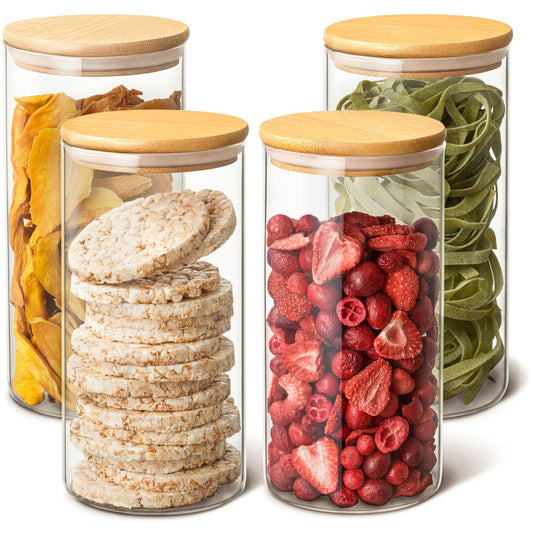 Praknu Glass Food Storage Jars 40oz Airtight Lid - Set of 4 Storage Container with Bamboo Lid - Clear Borosilicate Glass - Dishwasher Safe - Pantry Storage Containers