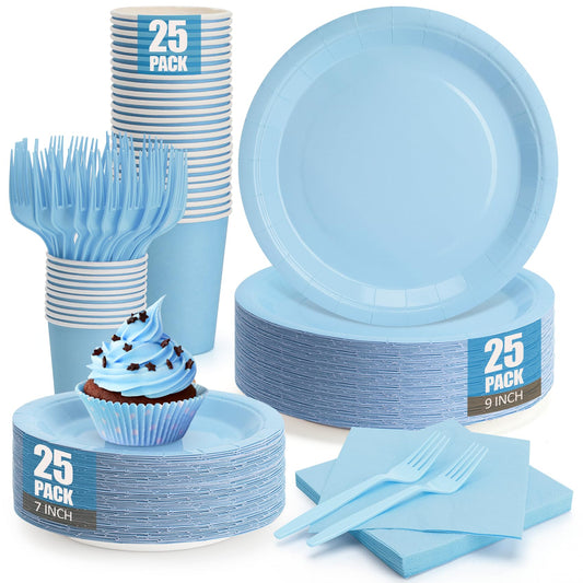 CENLBJ Light Blue Paper Plates and Napkins Party Supplies, Include 9’’Disposable Blue Plate, 7’’Dessert Plates Cups Napkins Forks for Baby Shower, Wedding, Birthday Decorations, Serves 25