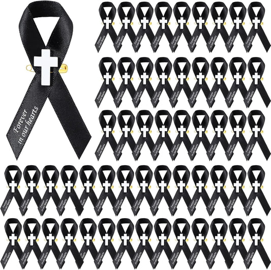 Regine Switzerland 50 Pcs Memorial Funeral Ribbons - Cross Pins for Mourning Events | Black