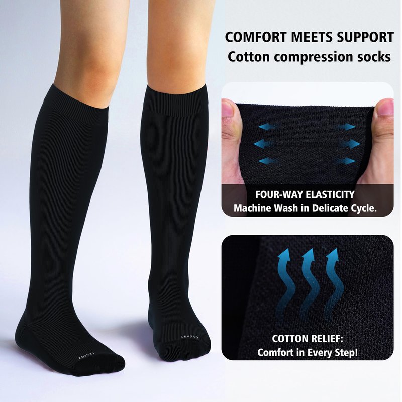LEVSOX Extra Thick Cotton Compression Socks for Women&Men 20-30 mmHg Knee High Graduated Support Sock for Nurses, Pregnant Women, Travel and Flight, 2 Pairs, Black