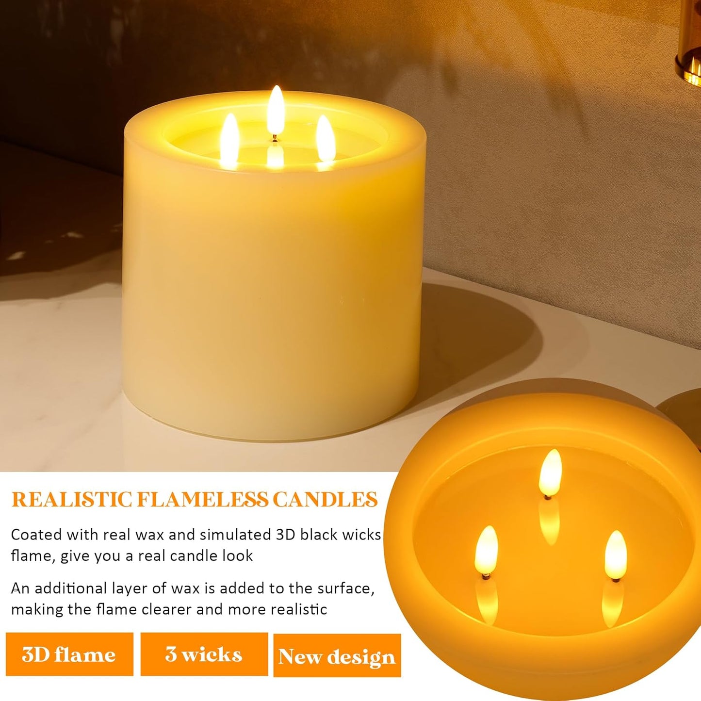 Skiennix Extra Large Flameless Candles - 3 Wicks, 6"x6" Real Wax, Battery Operated with Remote & Timer | Ivory Flickering LED for Home & Events