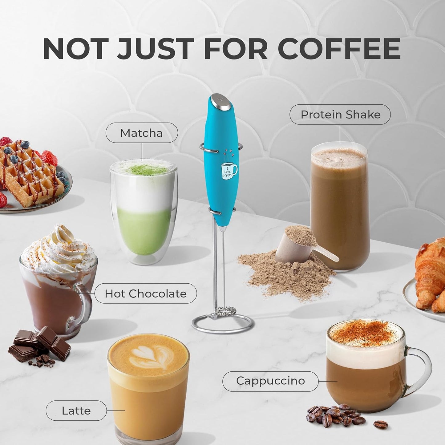 Zulay Kitchen Milk Frother Wand - Ultra-Fast Handheld Electric Whisk for Coffee, Lattes & Matcha - Love Coffee Blue