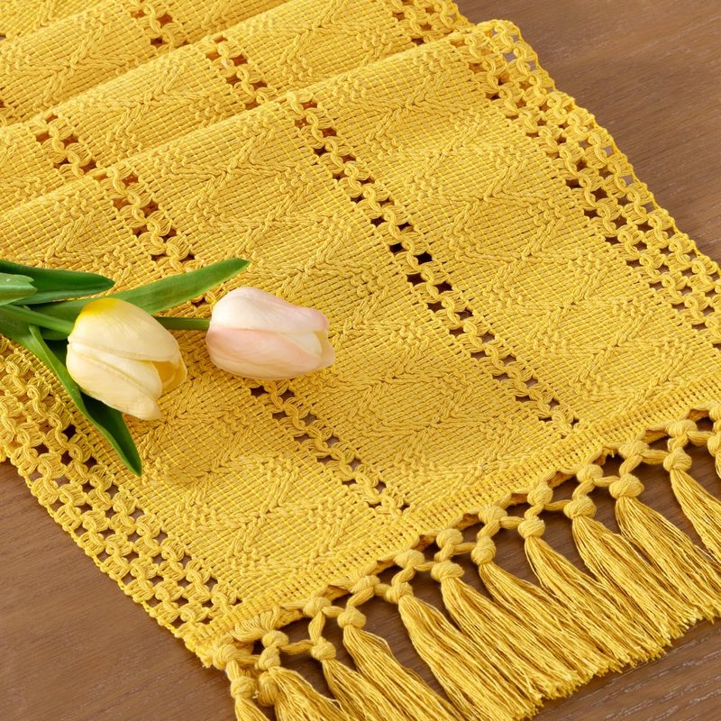 Socomi Boho Table Runner Summer Farmhouse Rustic Dining Kitchen Centerpiece Decor Small Macrame Woven Cotton Linen Coffee Table Runner for Dresser Scarf Home Decor 12x48 in Yellow Gold