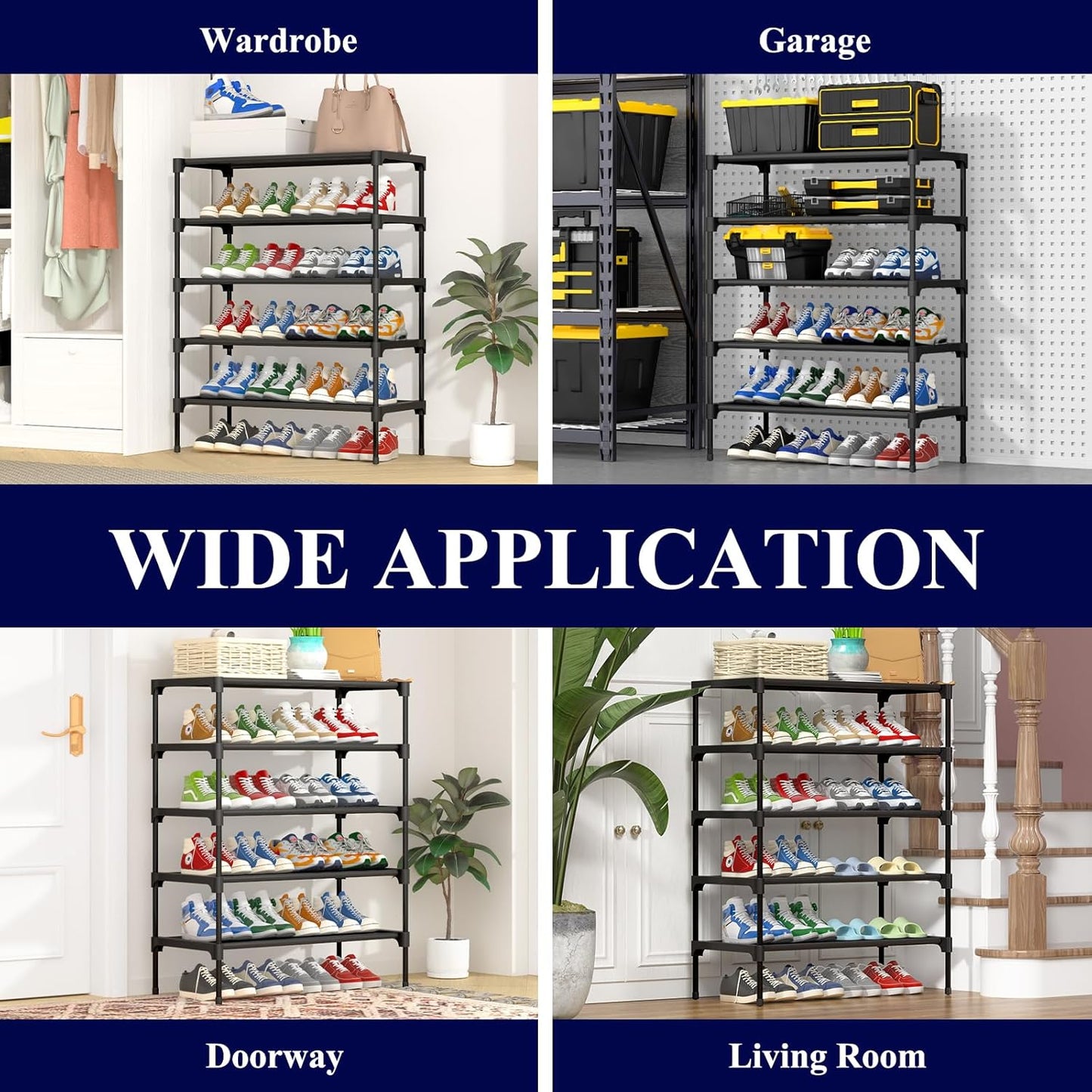 Kitsure Shoe Rack - Stackable Non-Woven Shoe Organizer for Closet & Entryway | 5-Tier, 27.5" Wide, Black (Pack of 2)