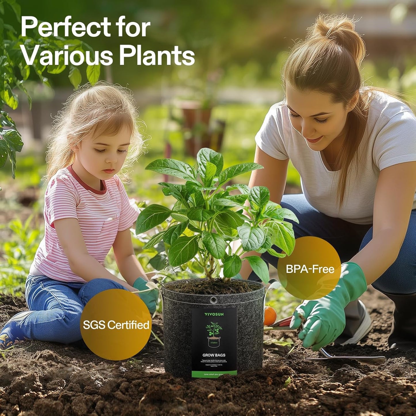 VIVOSUN 3 Gallon Grow Bags - 5-Pack Thick Nonwoven Fabric Pots with Handles for Plant Training