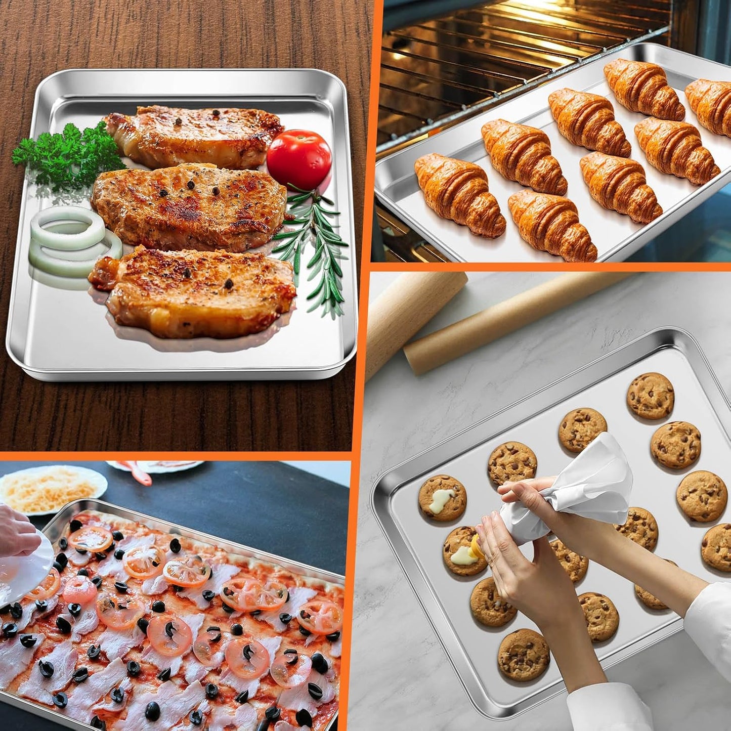 Leonyo Large Stainless Steel Baking Pan Set - 17.5" x 13" Nonstick Cookie Sheets with Cooling Rack | 4 Pack