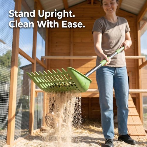 Chicken Poop Scooper - 2-in-1 Coop Scoop & Rake with Adjustable Stainless Steel Handle | 68-Inch No-Bend Cleaning Tool