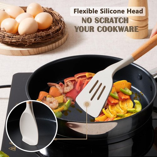 E-far Silicone Cooking Utensils Set - 10-Piece Heat Resistant Kitchen Tools with Wooden Handles | Non-Toxic Khaki