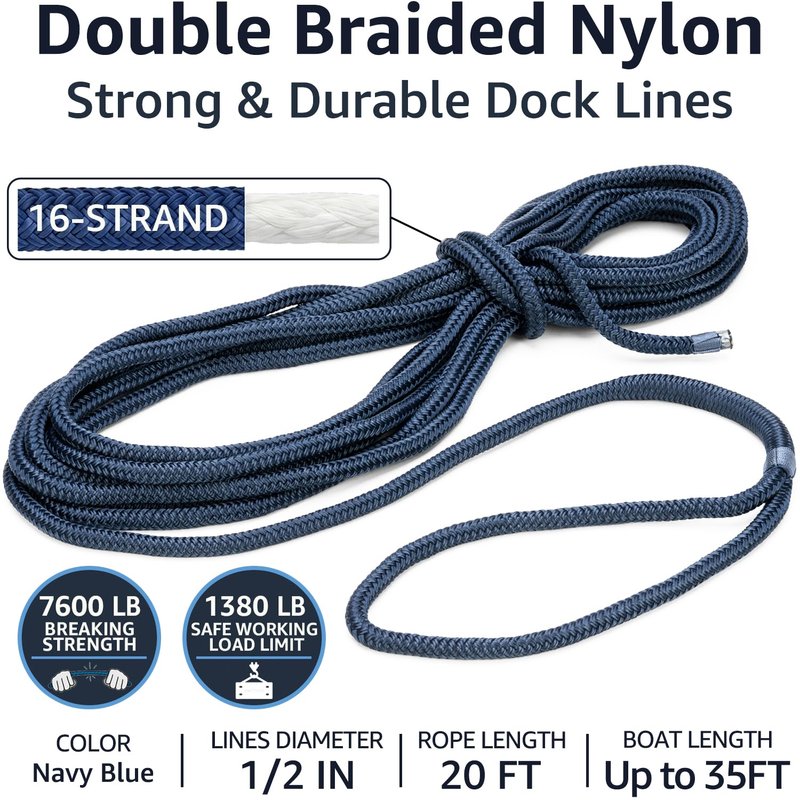 PACTHSD Double Braid 1/2" x 20' Boat Dock Lines (2-Pack) – Nylon Boat Ropes for Docking with 12" Spliced Eye – Heavy Duty Marine Rope – Soft & Durable Boat Lines for Pontoon and Light Boat (Navy Blue)