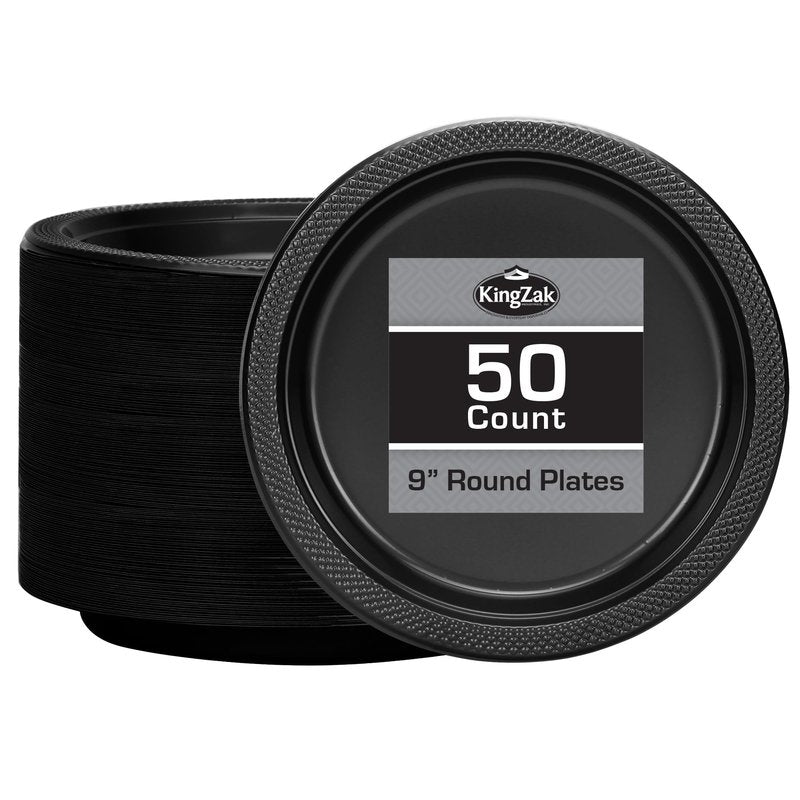 Black Plastic Plates 9 Inch - 50 count - Plastic Solid Round Party Plates For Weddings, BBQs, Birthday Plates - Disposable Black Plates - Plastic Dessert Plates