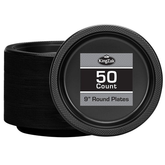 Black Plastic Plates 9 Inch - 50 count - Plastic Solid Round Party Plates For Weddings, BBQs, Birthday Plates - Disposable Black Plates - Plastic Dessert Plates