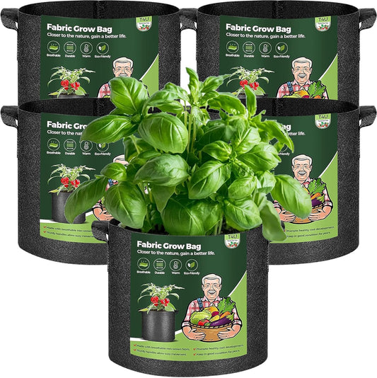 T4U 1 Gallon Grow Bags - Heavy Duty Nonwoven Fabric Pots with Handles | Perfect for Herbs & Plants (5 Pack)