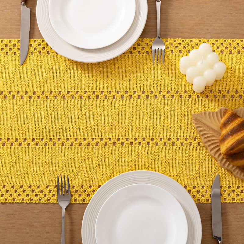 Socomi Boho Table Runner Summer Farmhouse Rustic Dining Kitchen Centerpiece Decor Small Macrame Woven Cotton Linen Coffee Table Runner for Dresser Scarf Home Decor 12x48 in Yellow Gold