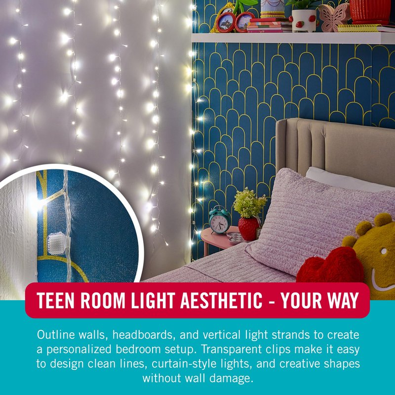 VELCRO Brand Indoor Light Clips for Hanging String Lights, Holds Up to 100 ft, Transparent Peel‑and‑Stick Wall Clips for Any Shape or Configuration, Damage‑Free and Removable, Pack of 48