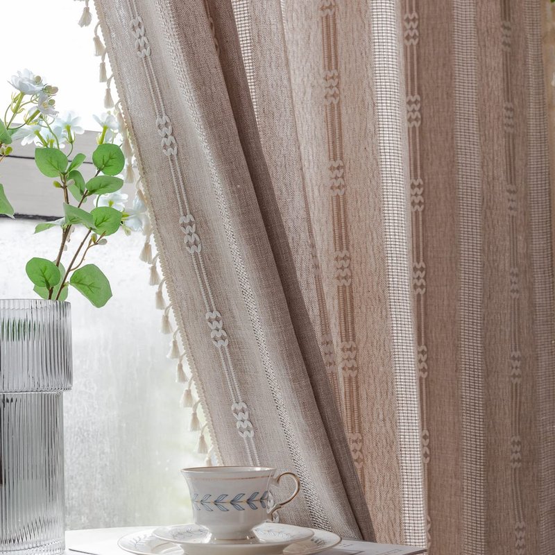 Linen Curtains 108 Inches Long for Living Room 2 Panels Set, Embroidery Farmhouse Tassel Boho for Bedroom Light Filtering Window Rod Pocket Drapes (52" W x 108" L, Khaki)