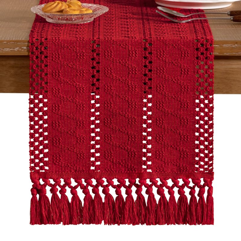 Socomi Boho Table Runner Easter Spring Farmhouse Rustic Dining Kitchen Centerpiece Decor Small Macrame Woven Cotton Linen Coffee Table Runner for Dresser Scarf Home Decor 12x60 in Red