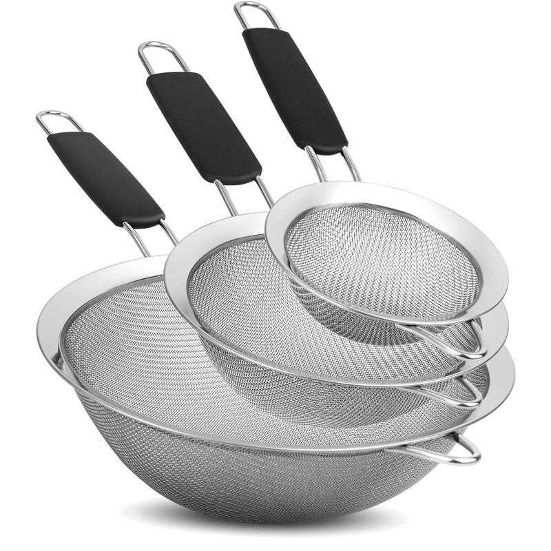 Kafoor Set of 3 Fine Mesh Strainers for Kitchen | 3.4 inch, 5.5 inch and 7.9 inch Stainless Steel Strainer