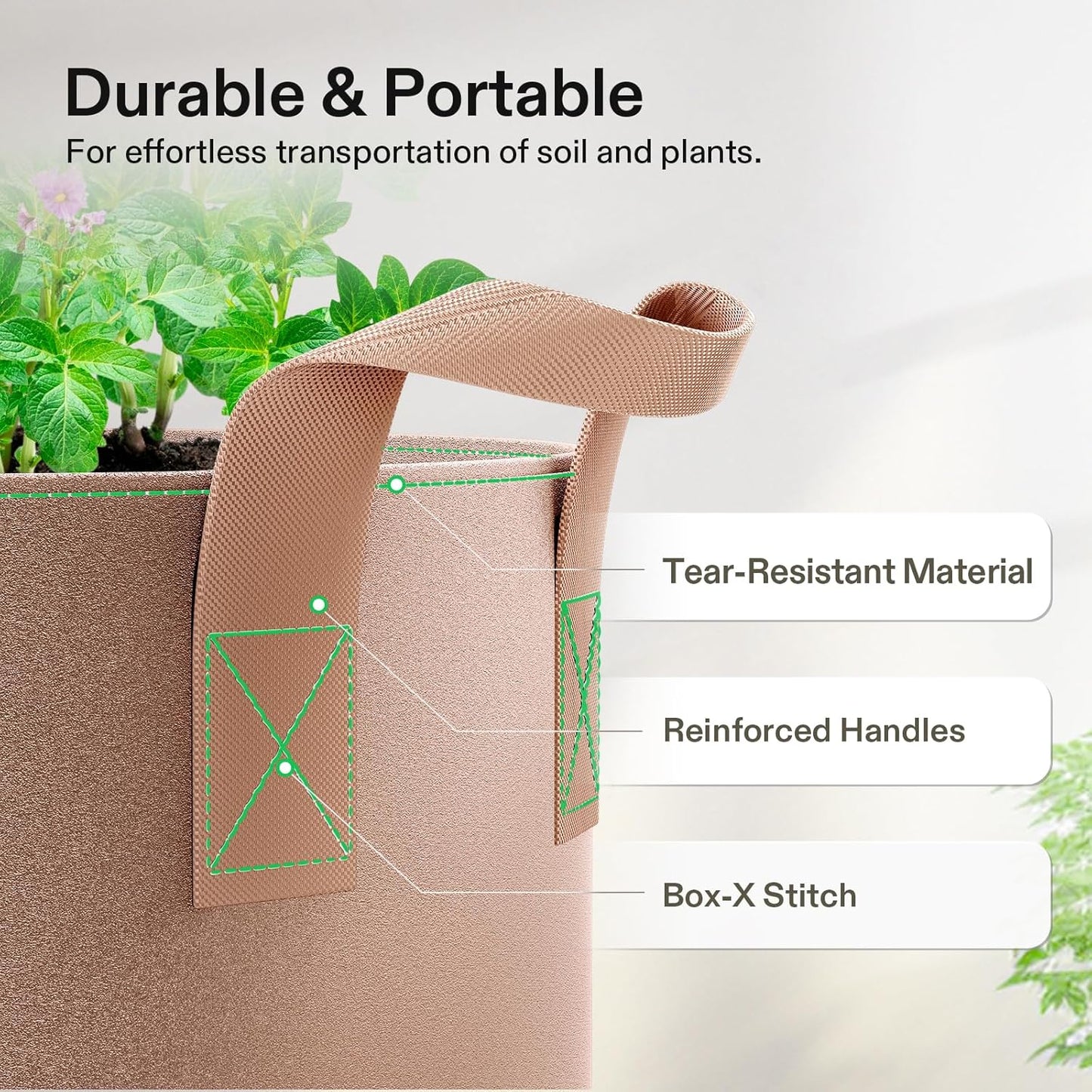 VIVOSUN 1 Gallon Heavy Duty Grow Bags - 5-Pack Nonwoven Fabric Pots with Strap Handles | Tan