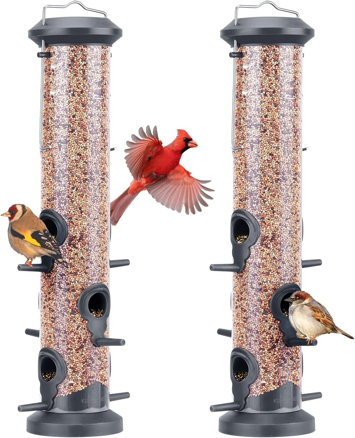 Kingsyard Tube Feeders - 2 Pack with 6 Feeding Ports | Premium Weatherproof Hard Plastic & Steel Hanger for Wild Birds (Black)