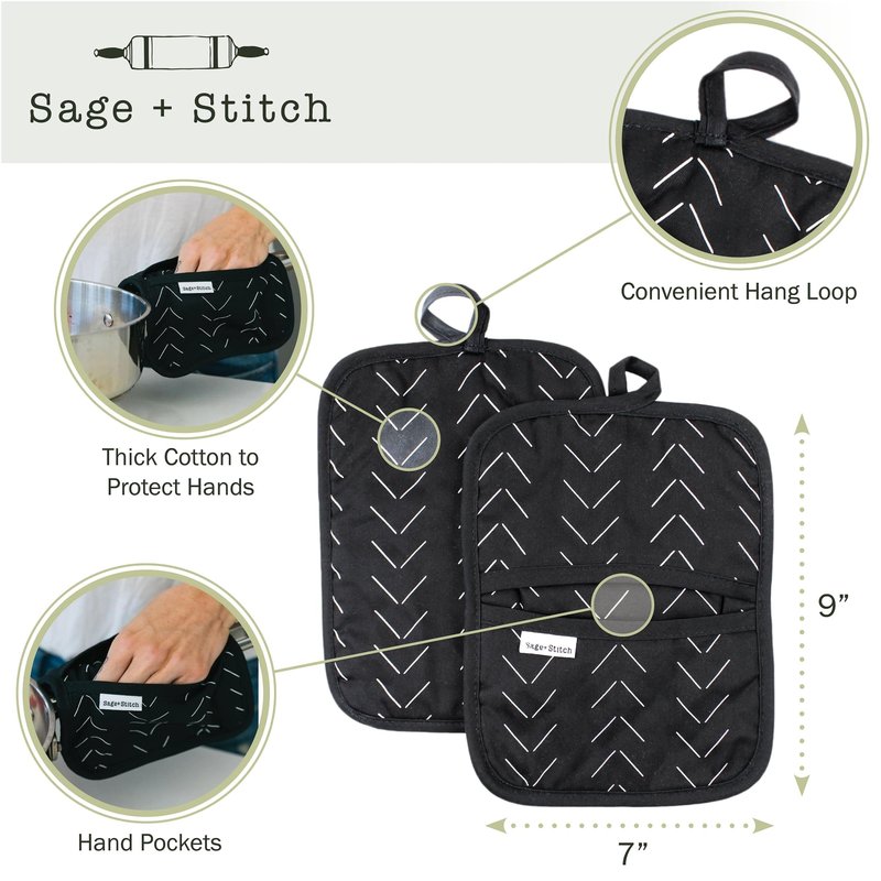 Sage+Stitch Heat Resistant Designer Pot Holders with Hand Pockets and Hanging Loops | Set of 2 100% Cotton Dual Function Kitchen Pot Holders | 7'' x 9'' | Black