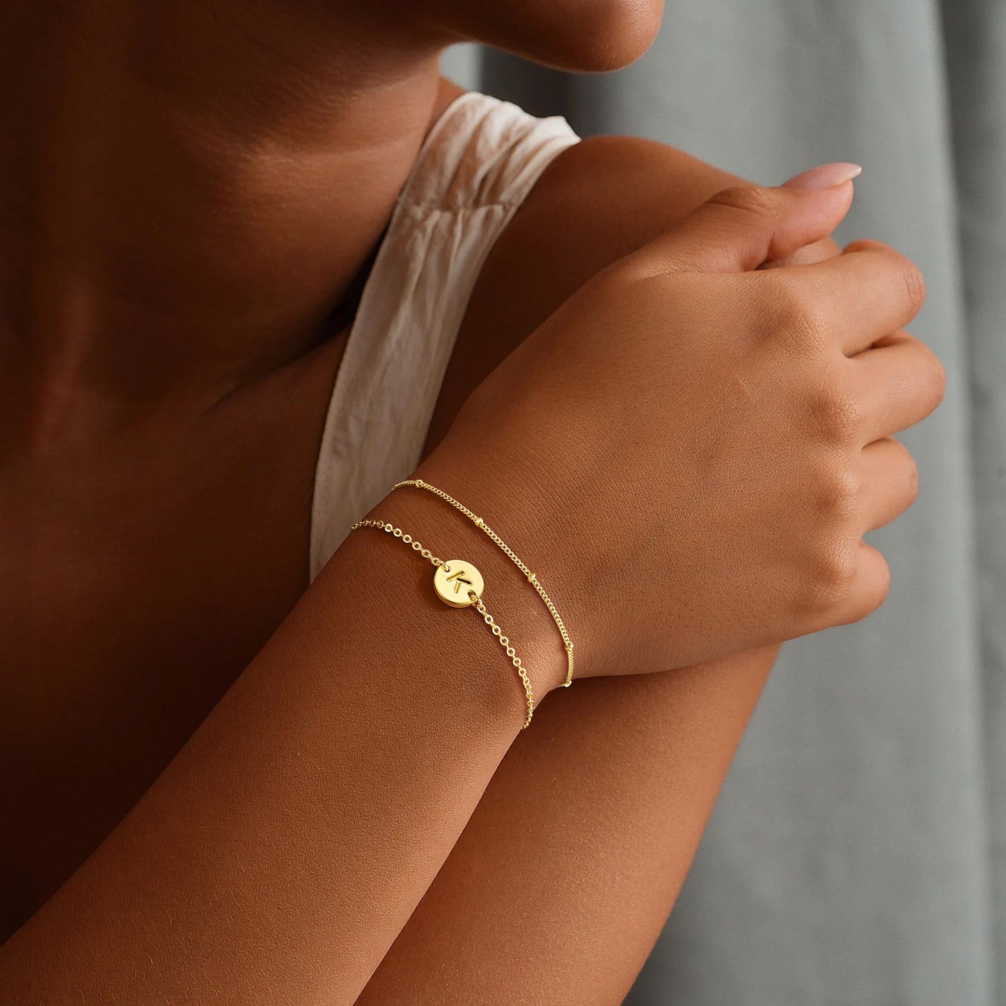 MONOZO Gold Bracelets for Women Jewelry Gifts Trendy, Dainty 14K Gold Plated Layered Beaded K Letter Initial Bracelet Personalized Disc Monogram Charm Letter Initial Bracelets for Women Birthday Gifts