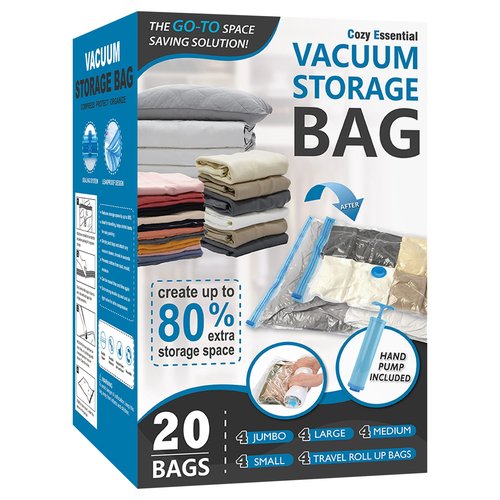 Cozy Essential Vacuum Storage Bags, 80% Compression Vacuum Seal Space Saver Plastic Packaging Bags for Clothes, Blankets, Pillow, Bedding, Comforters, Sealer Clothing Storage,10 Combo