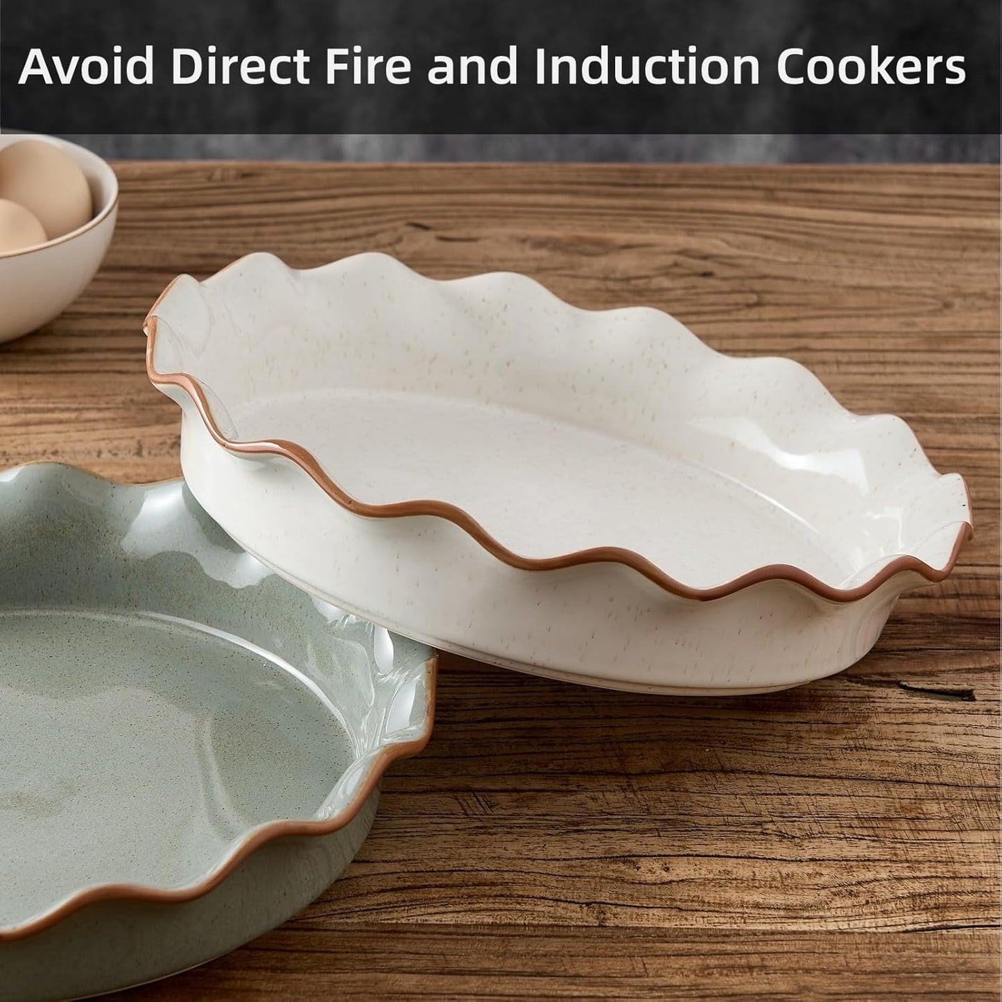 SIDUCAL Non-Stick Ceramic Pie Pan - 10.5 Inch Ruffled Edge, Dishwasher & Oven Safe, White