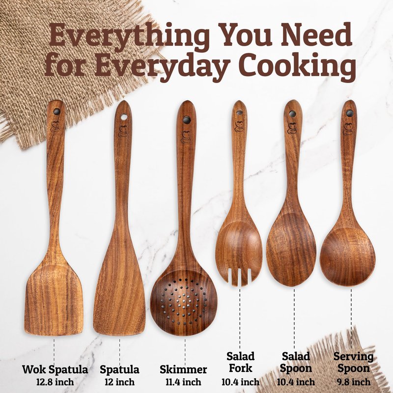 PriorityChef Wooden Spoons for Cooking, Premium 6pc Teak Wood Utensil Set with Hanging Hooks