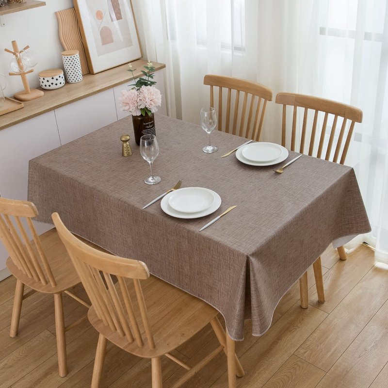 Pioggia Vinyl Tablecloth with Flannel Backing Rectangle Waterproof Oil-Proof Plastic Table Cloth Wipeable PVC Table Cover for Indoor and Outdoor (Linen, 60 x 102 Inch)