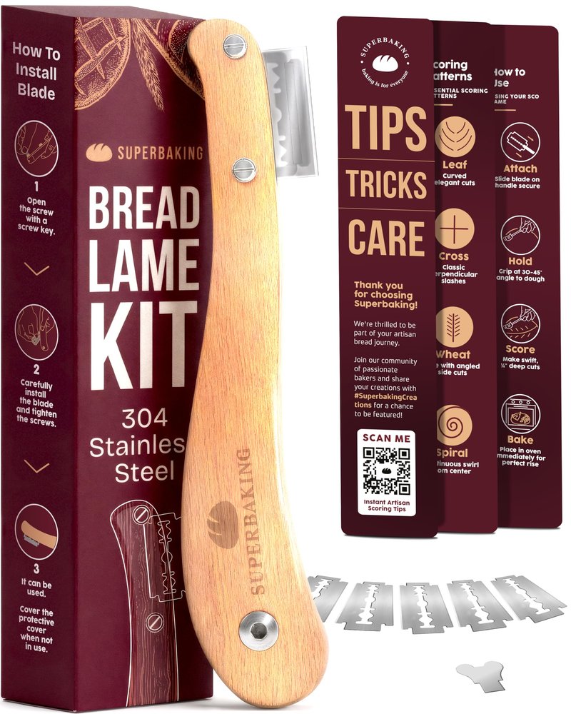 Superbaking Bread Lame - Sourdough Scoring Tool with 5 Extra Blades - Baking Supplies for Home Bakers - Sourdough Razor Scorer - Bread Making Tools - Gift for Bakers - Premium Ergonomic Wooden Handle