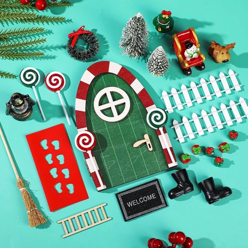 Gerrii Miniature Green Christmas Elf Fairy Doors - 25 Pcs Enchanted Decor Kit for Dollhouses & Rooms