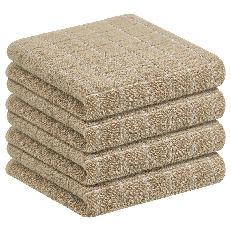 Homaxy 100% Cotton Terry Kitchen Towels(Tan, 13 x 28 inches), Checkered Designed, Soft and Super Absorbent Dish Towels, 4 Pack